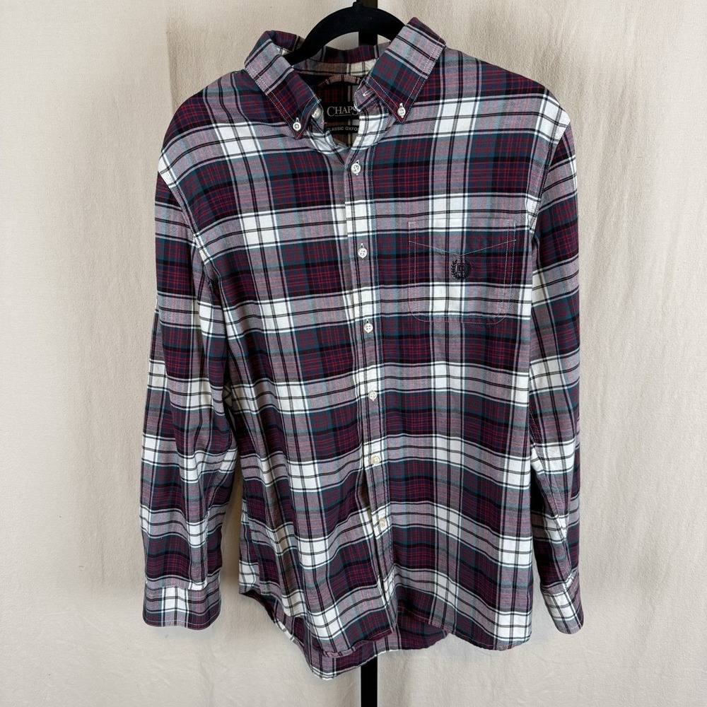 Chaps Men's Medium Red Holiday Plaid Cotton Classic Oxford Button Down
